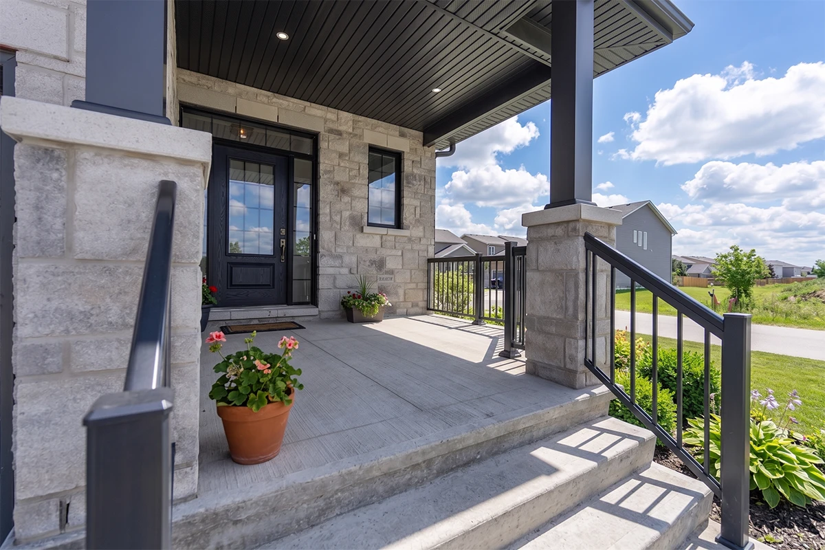 Black aluminum railings installed on a residential front entrance.