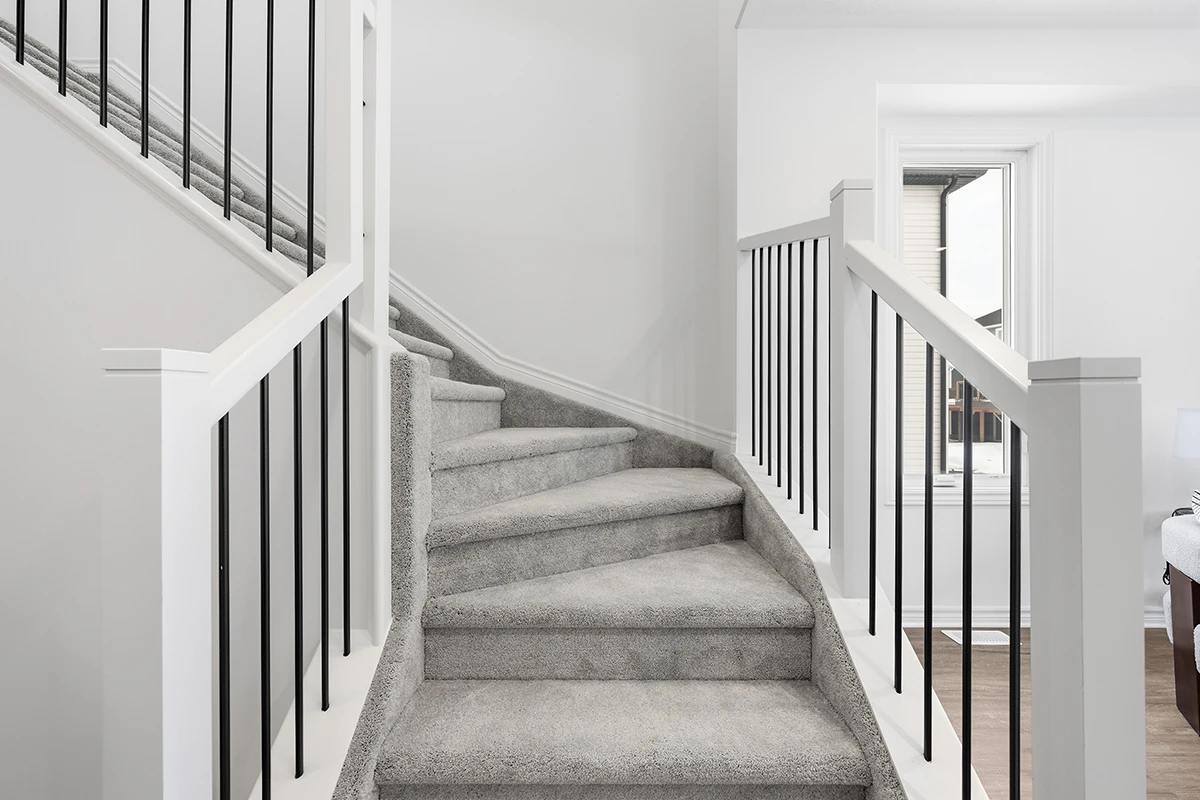 Carpeted staircase with white railings and black metal balusters.