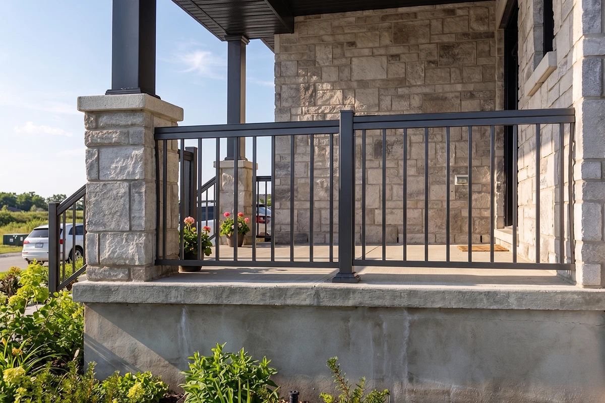 Black aluminum railings installed on a residential front porch.