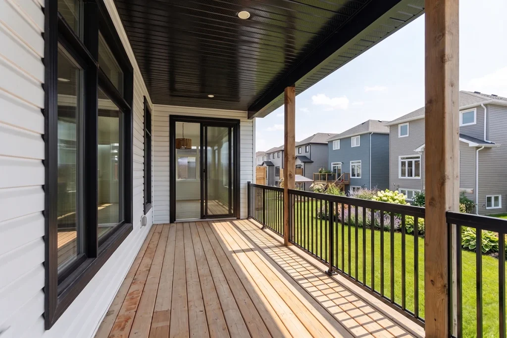 Black aluminum balcony railings on a residential home.