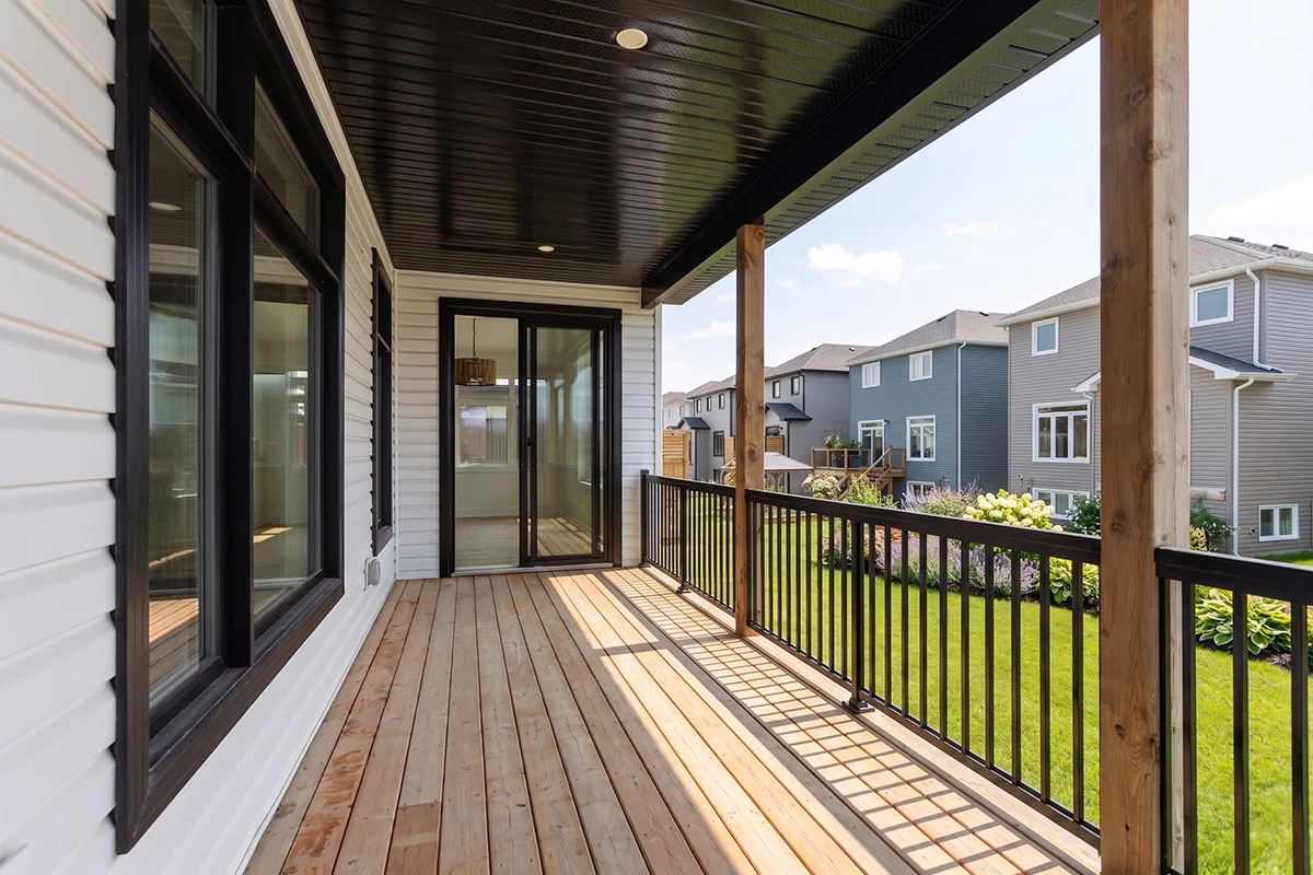 Black aluminum balcony railings on a residential home.