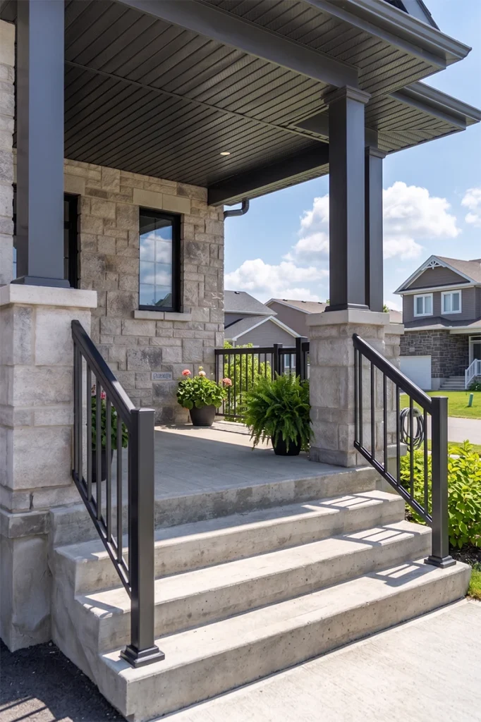 Modern front porch with black aluminum railings and stone columns.