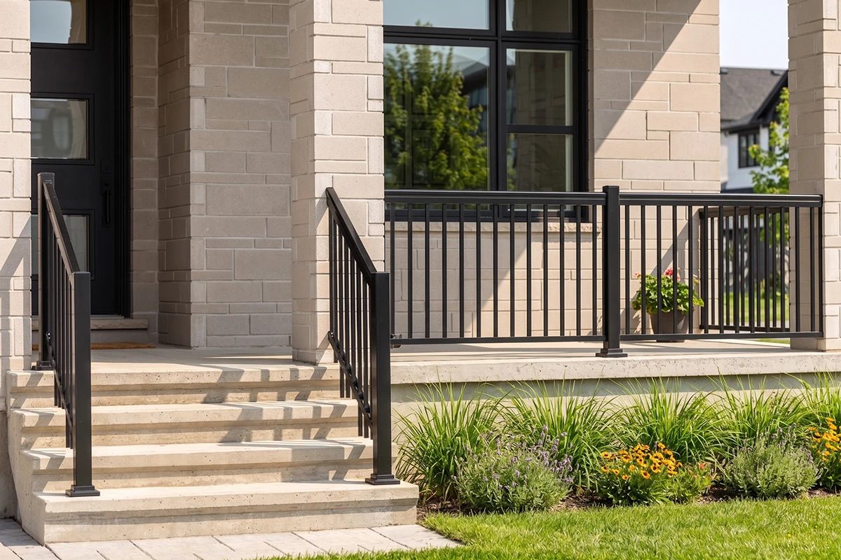 Black aluminum railings installed on a covered front porch.