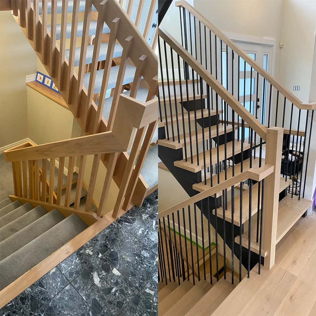 Open staircase during and after renovation.