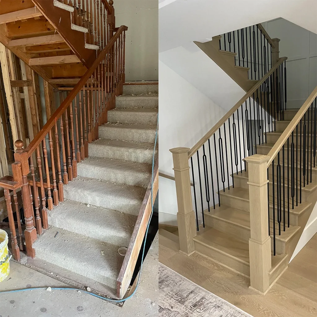 Stair landing before and after renovation.