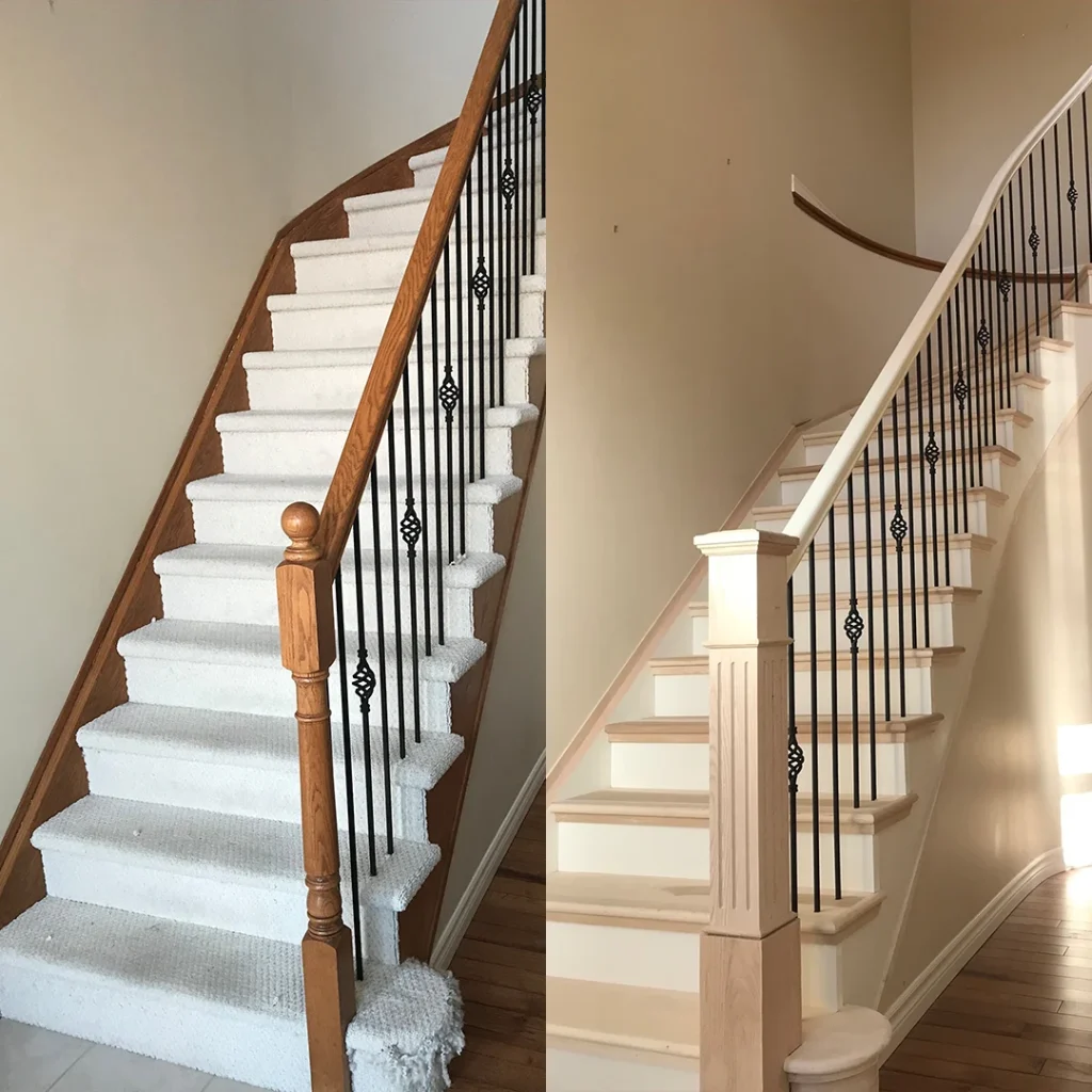Straight staircase renovation before and after.