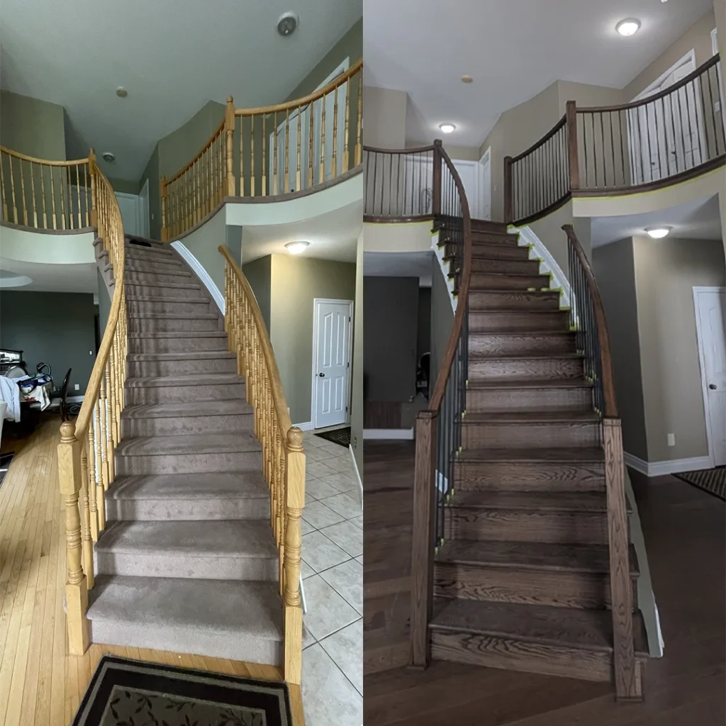 Curved wood staircase before and after renovation.