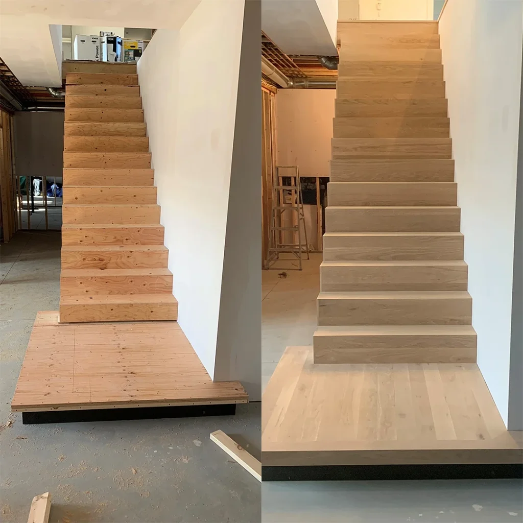 Before and after stair renovation comparison.
