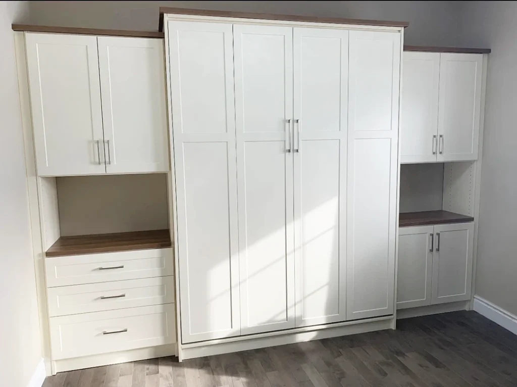Built-in wardrobe with shaker-style cabinet doors.